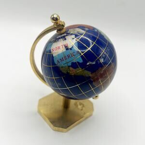 Miniature Desktop Cobalt Blue World Globe with Inlaid Gemstones w/ Stand 3.75
